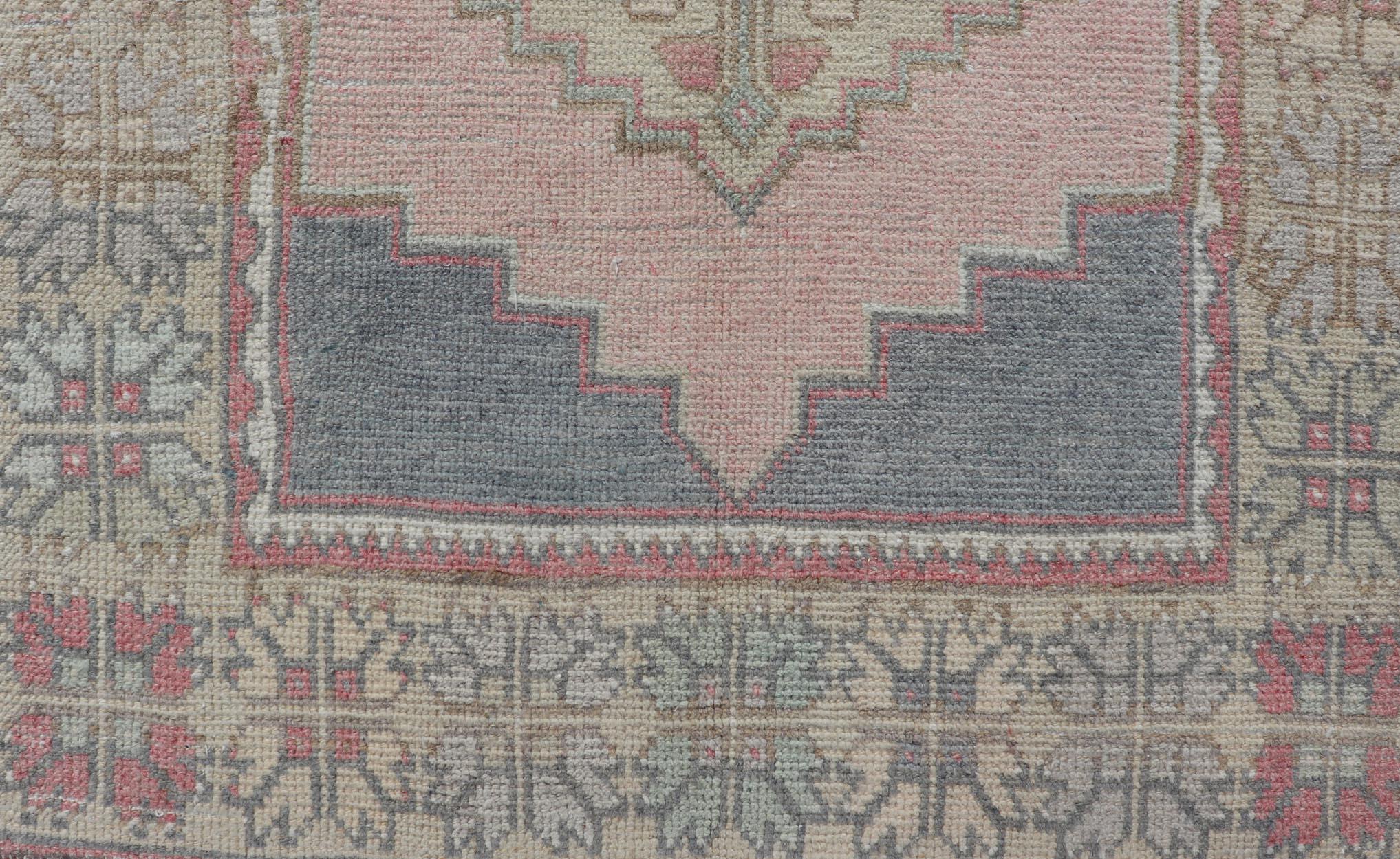 Turkish Vintage Oushak Runner With Medallions in Pink, Gray, & Light Yellow 2'11 x 8'9 For Sale