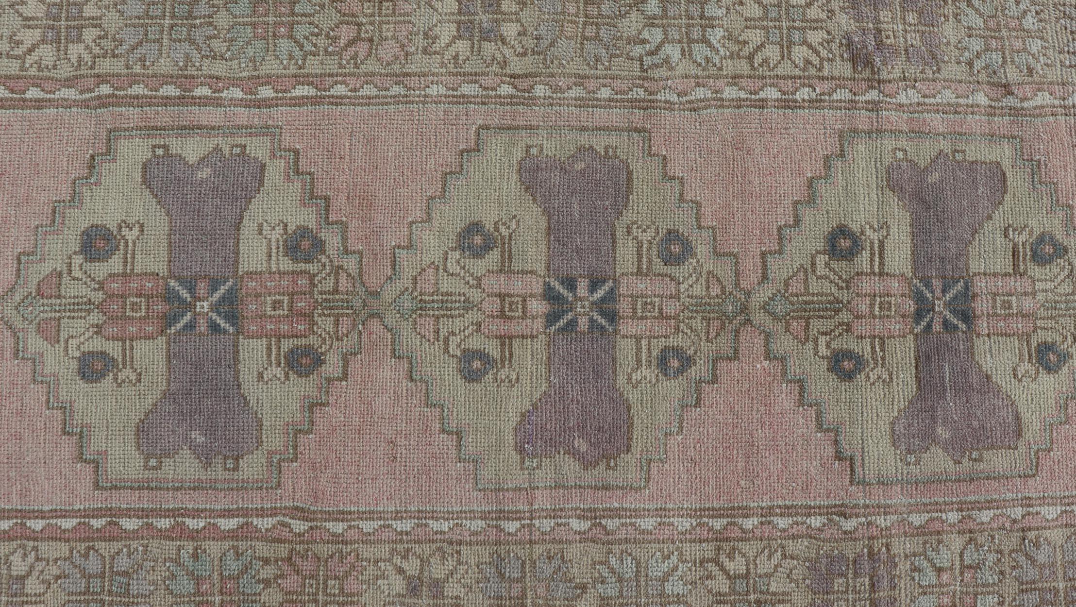 Hand-Knotted Vintage Oushak Runner With Medallions in Pink, Gray, & Light Yellow 2'11 x 8'9 For Sale