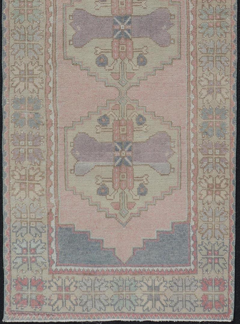 Wool Vintage Oushak Runner With Medallions in Pink, Gray, & Light Yellow 2'11 x 8'9 For Sale