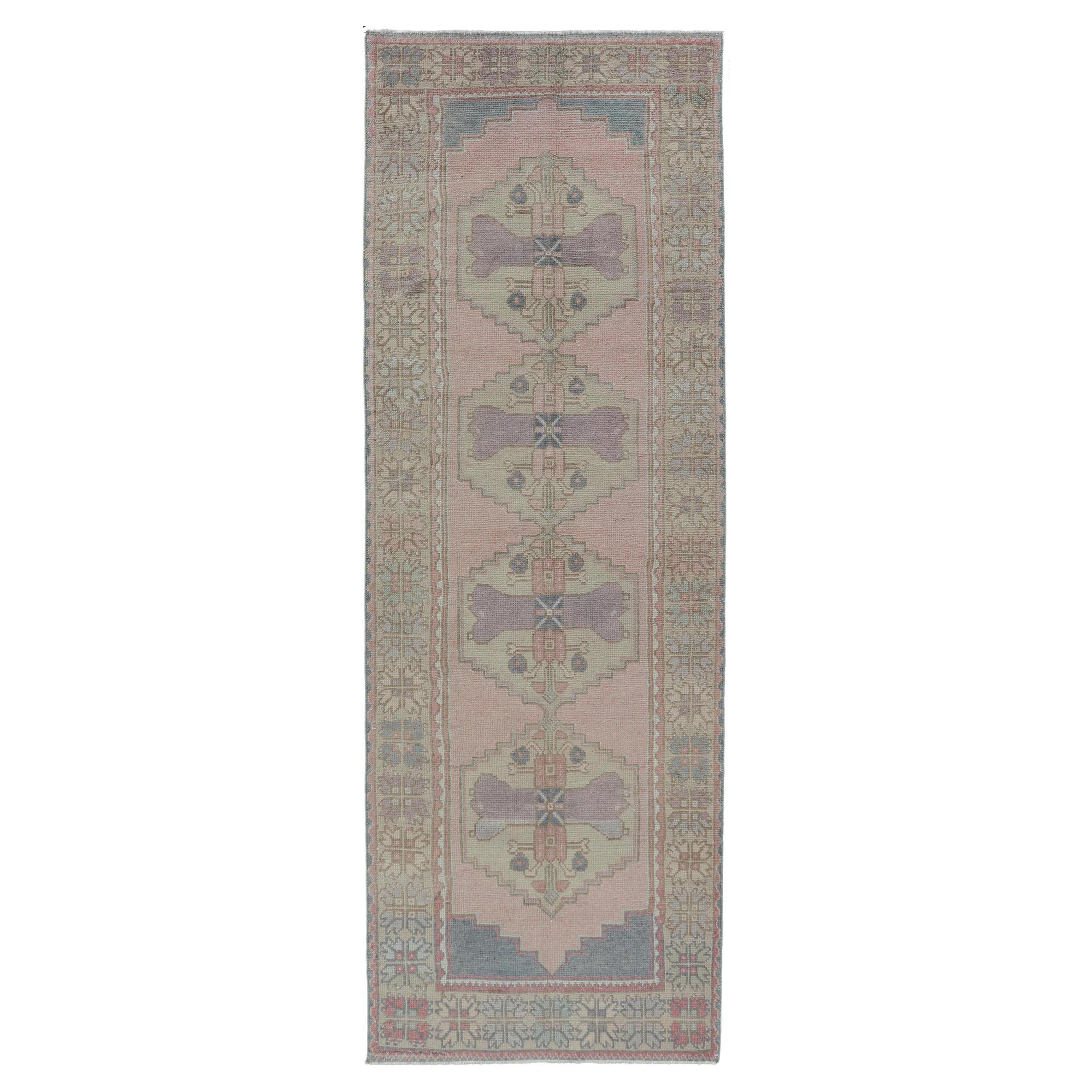 Vintage Oushak Runner With Medallions in Pink, Gray, & Light Yellow 2'11 x 8'9 For Sale
