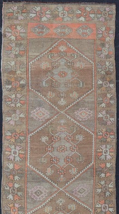 Vintage Oushak Runner With Muted Earth Tones and Pastel Accents 3'6 X 12'