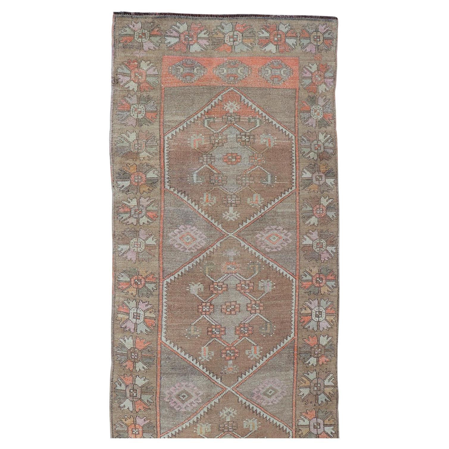 Vintage Oushak Runner With Muted Earth Tones and Pastel Accents 3'6 X 12'