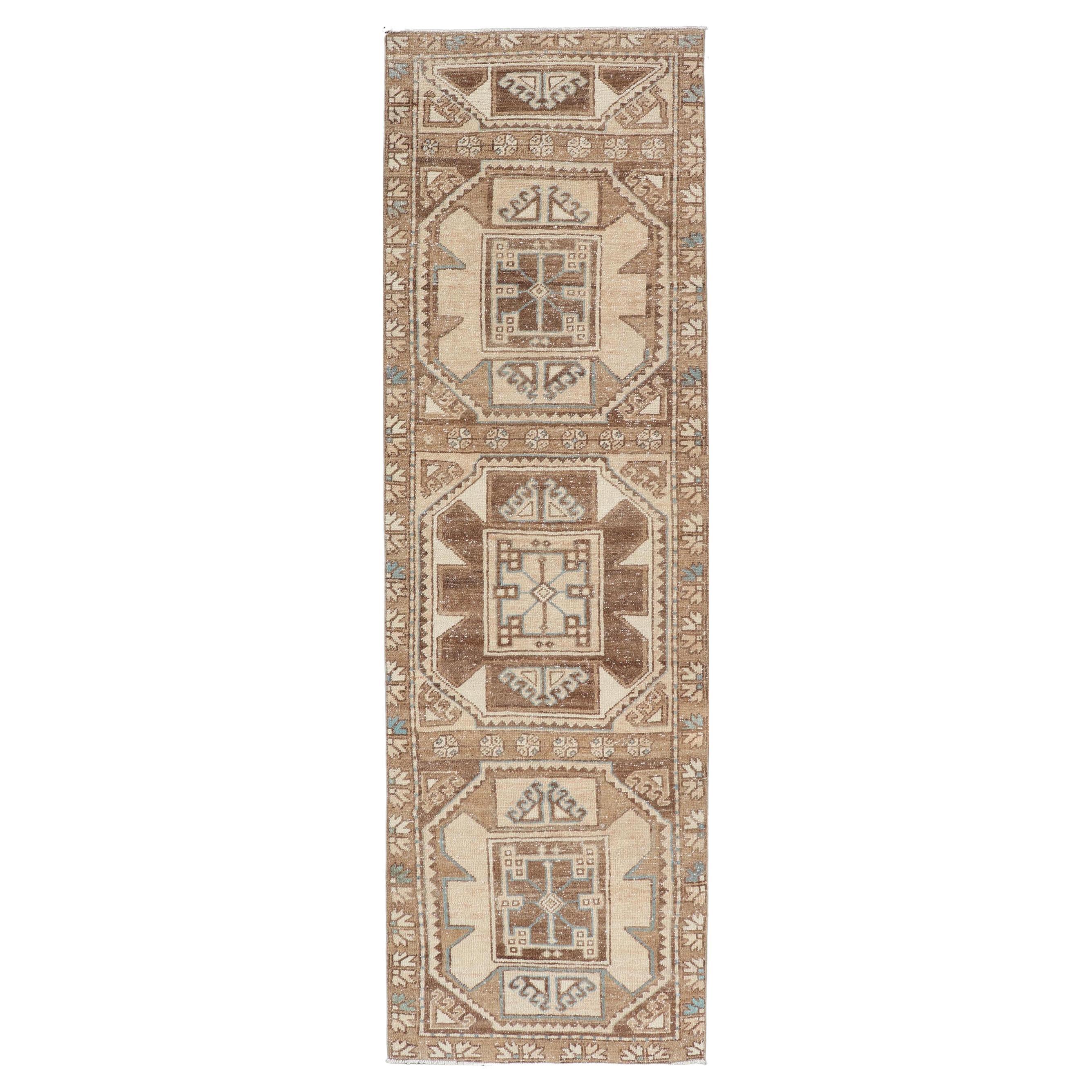 Vintage Oushak Runner with Subtle Medallions in Earthy Tones 2'11" X10'0"
