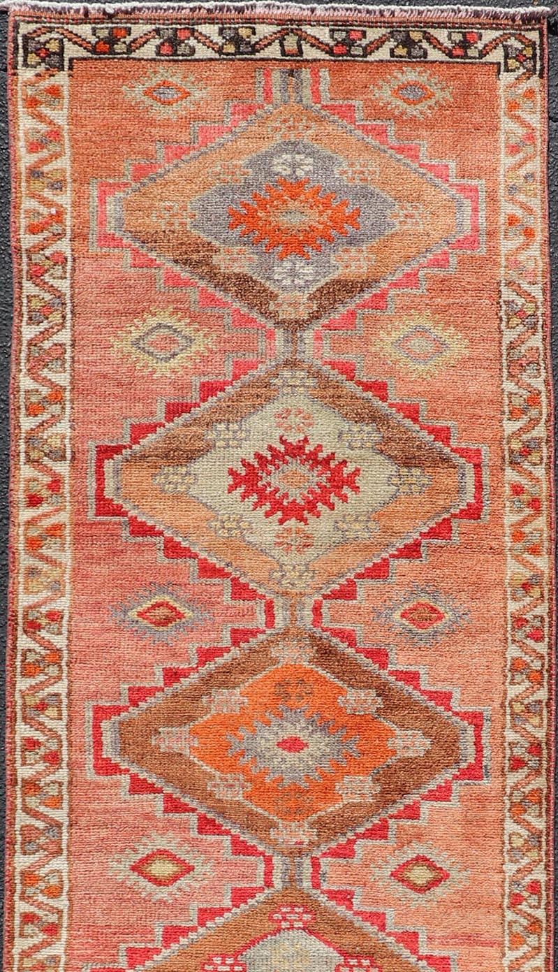 Turkish Vintage Oushak Runner with Tribal Medallions in Redish Tones Keivan Woven Arts  For Sale