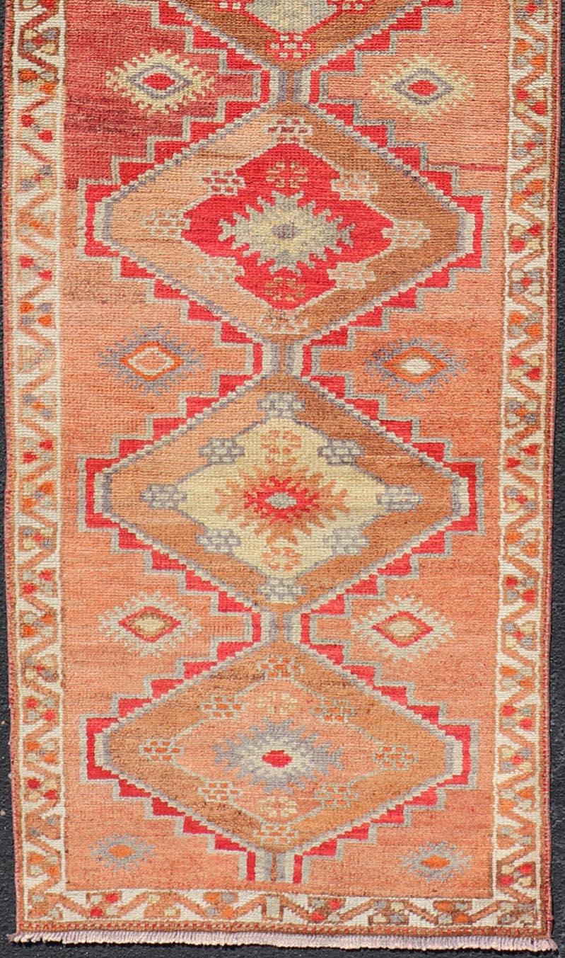 Vintage Oushak Runner with Tribal Medallions in Redish Tones Keivan Woven Arts  In Good Condition For Sale In Atlanta, GA