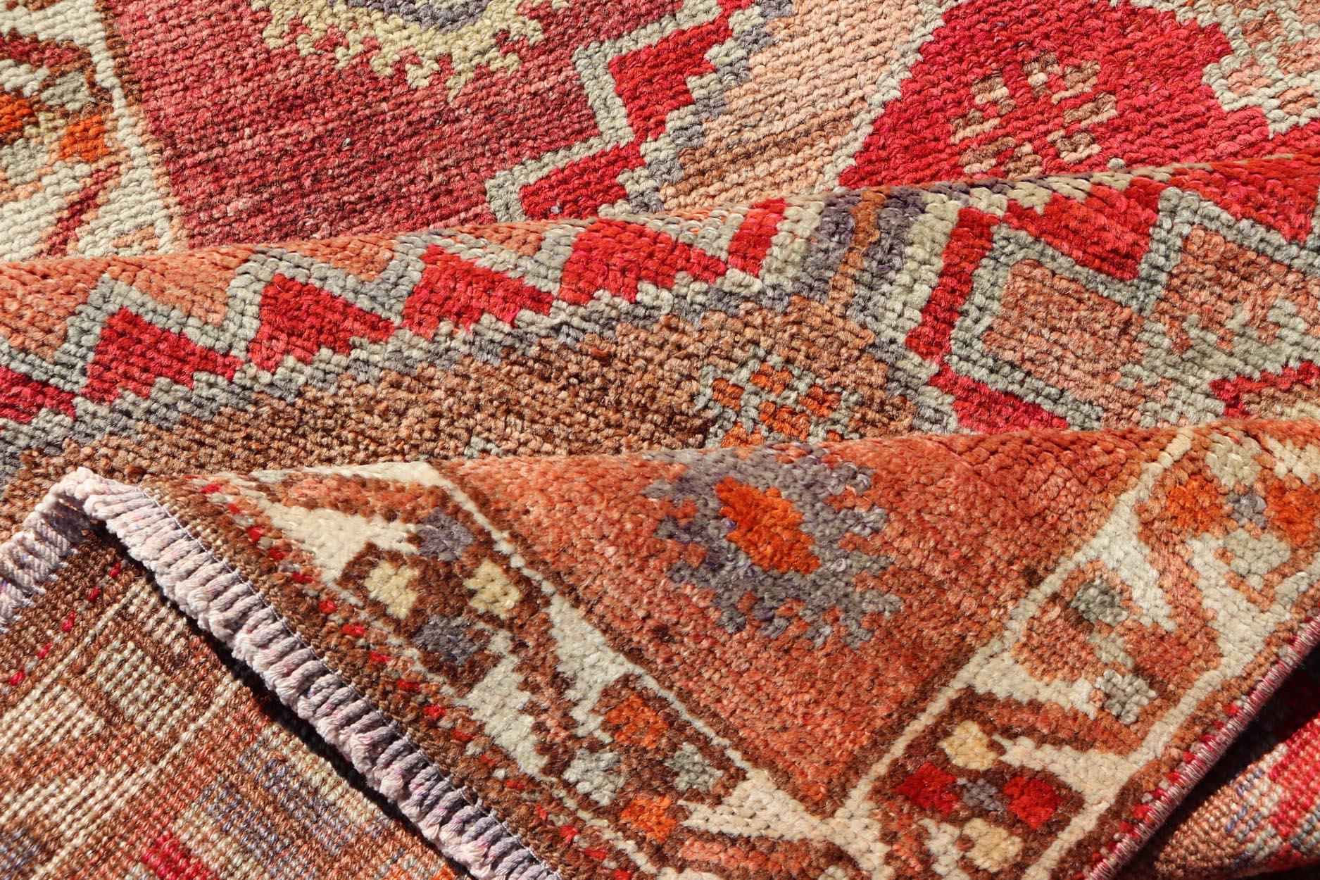Wool Vintage Oushak Runner with Tribal Medallions in Redish Tones Keivan Woven Arts For Sale