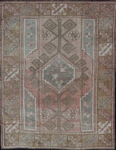 Vintage Oushak Small Rug With Faded Rose, Olive Green  4'2" X 5'10"