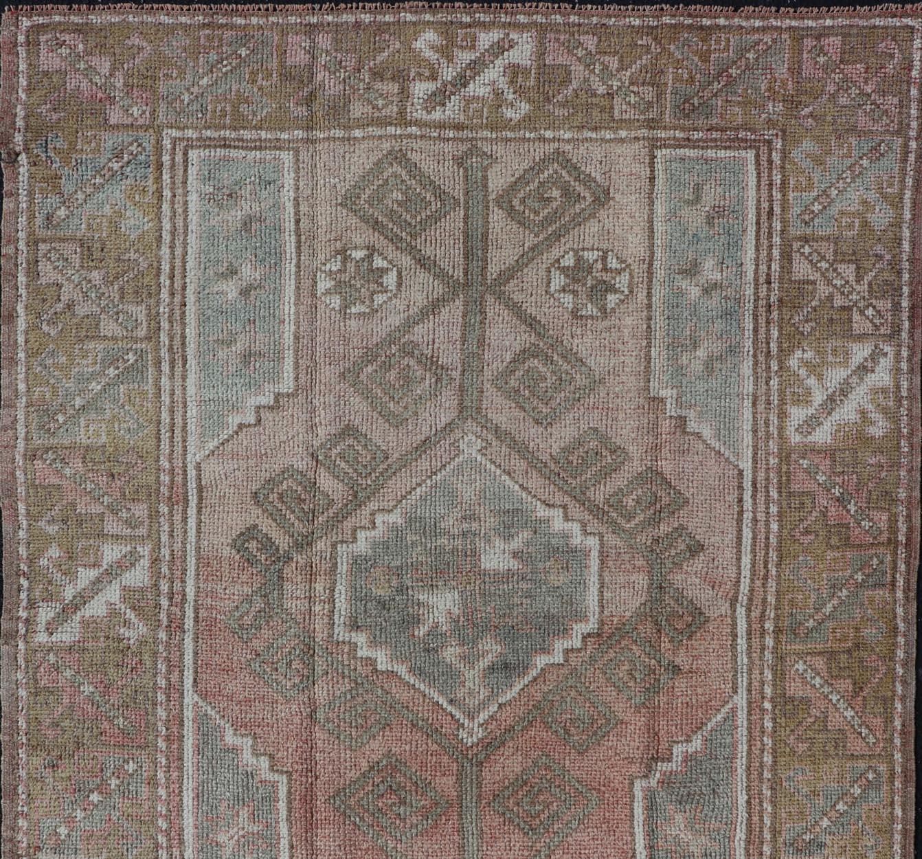 Turkish Vintage Oushak Small Rug With Faded Rose, Olive Green  4'2