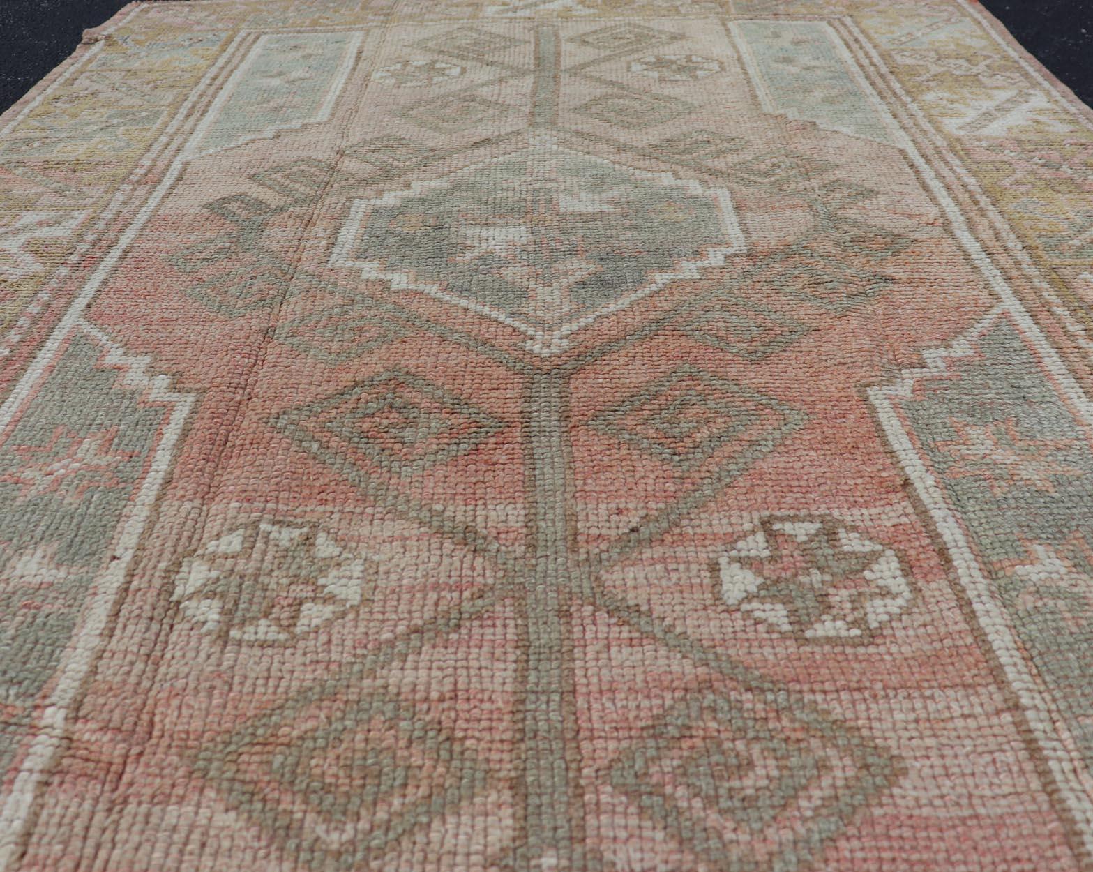 Wool Vintage Oushak Small Rug With Faded Rose, Olive Green  4'2