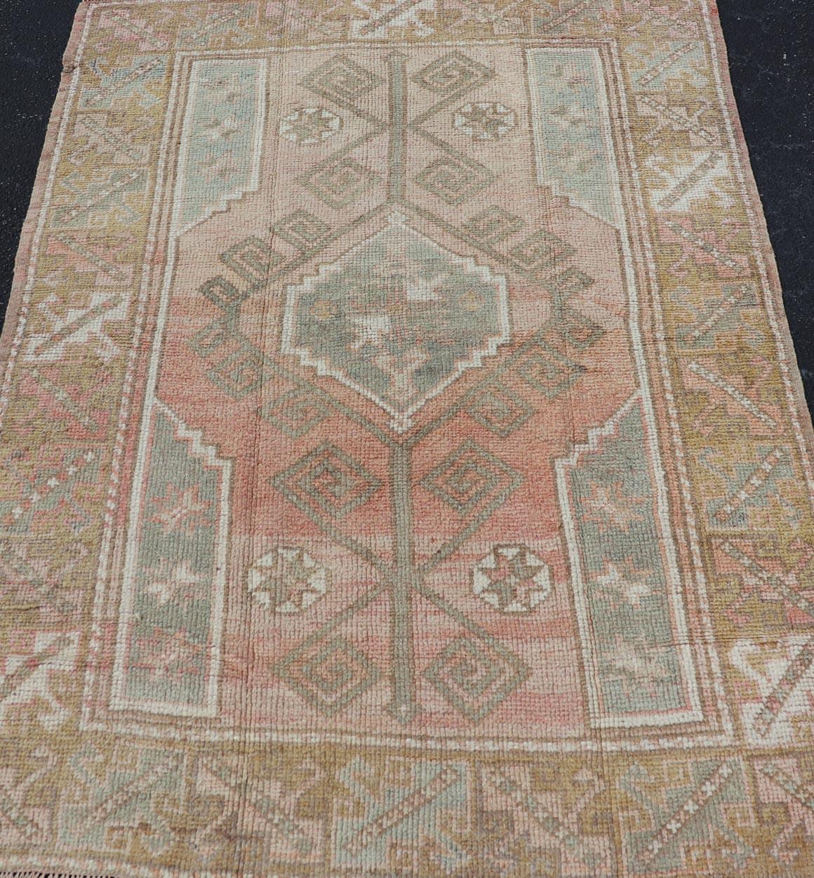 Vintage Oushak Small Rug With Faded Rose, Olive Green  4'2