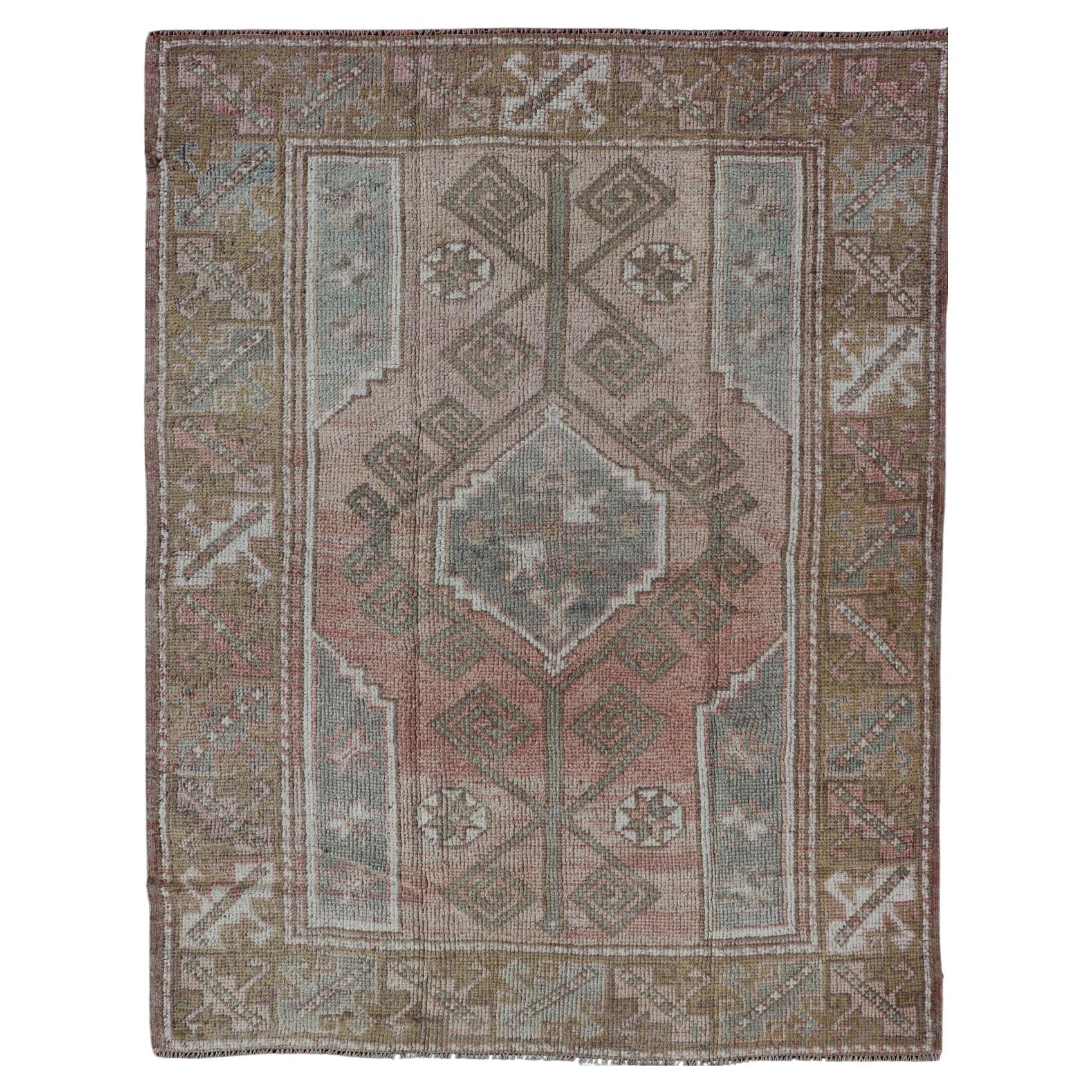 Vintage Oushak Small Rug With Faded Rose, Olive Green  4'2" X 5'10" For Sale