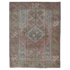 Antique Oushak Small Rug With Faded Rose, Olive Green  4'2" X 5'10"