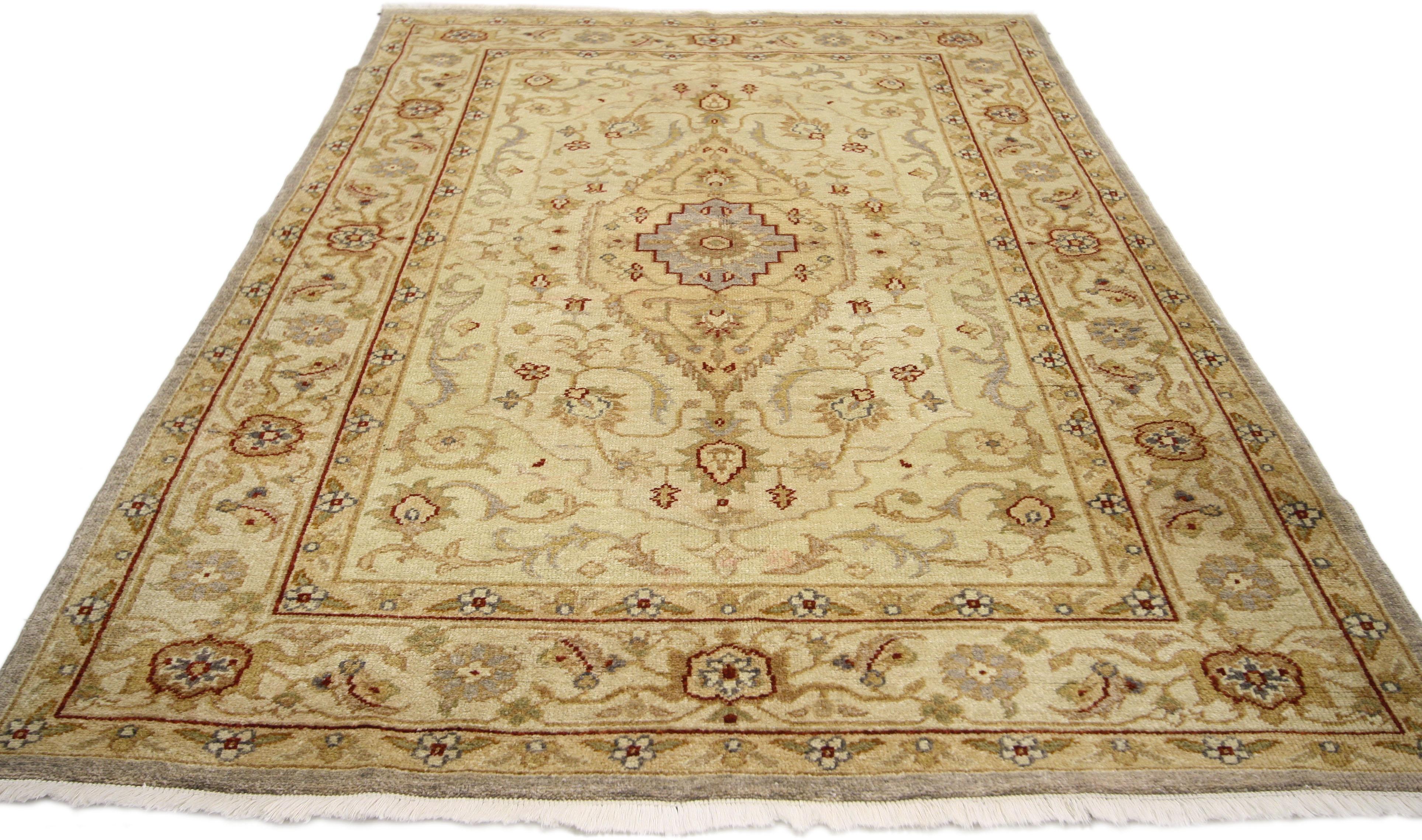 Pakistani Vintage Oushak Style Rug with Traditional Design in Warm, Golden Hues For Sale