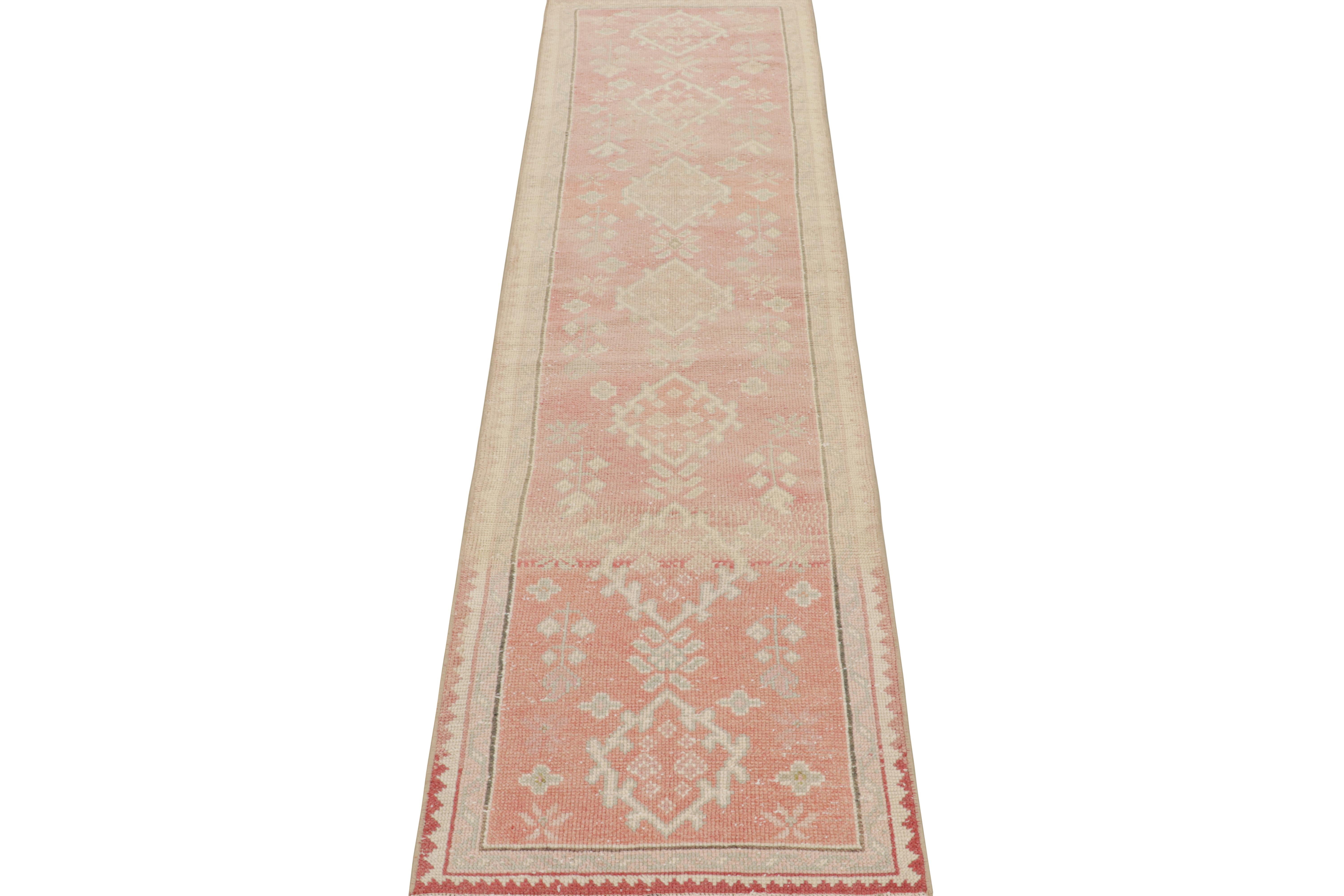 Turkish Vintage Oushak Style Runner Rug in Pink with Geometric Patterns from Rug & Kilim For Sale