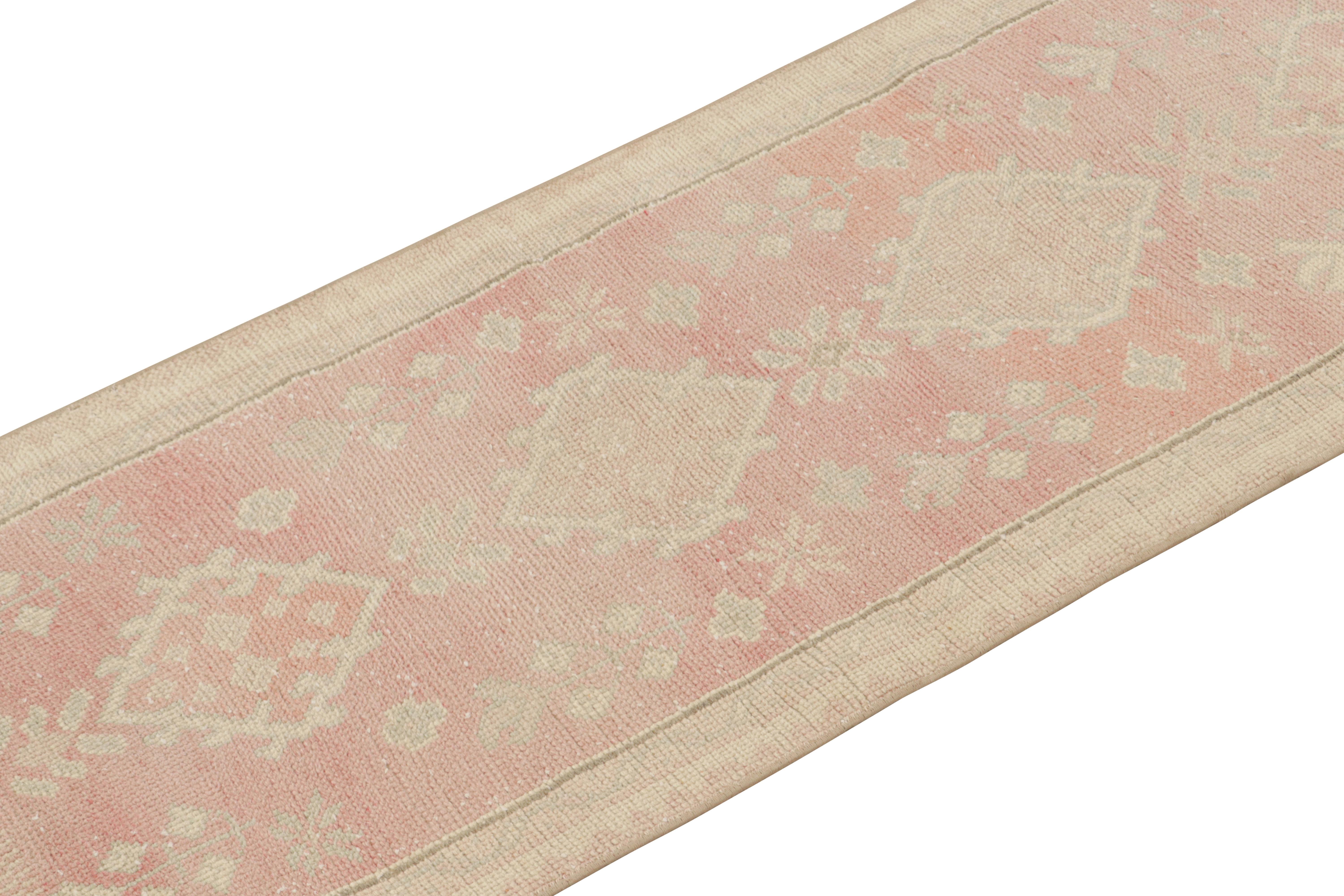 Hand-Knotted Vintage Oushak Style Runner Rug in Pink with Geometric Patterns from Rug & Kilim For Sale