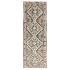 Vintage Oushak Turkish Runner with Geometric Design in Blue, Light Brown 
Taupe