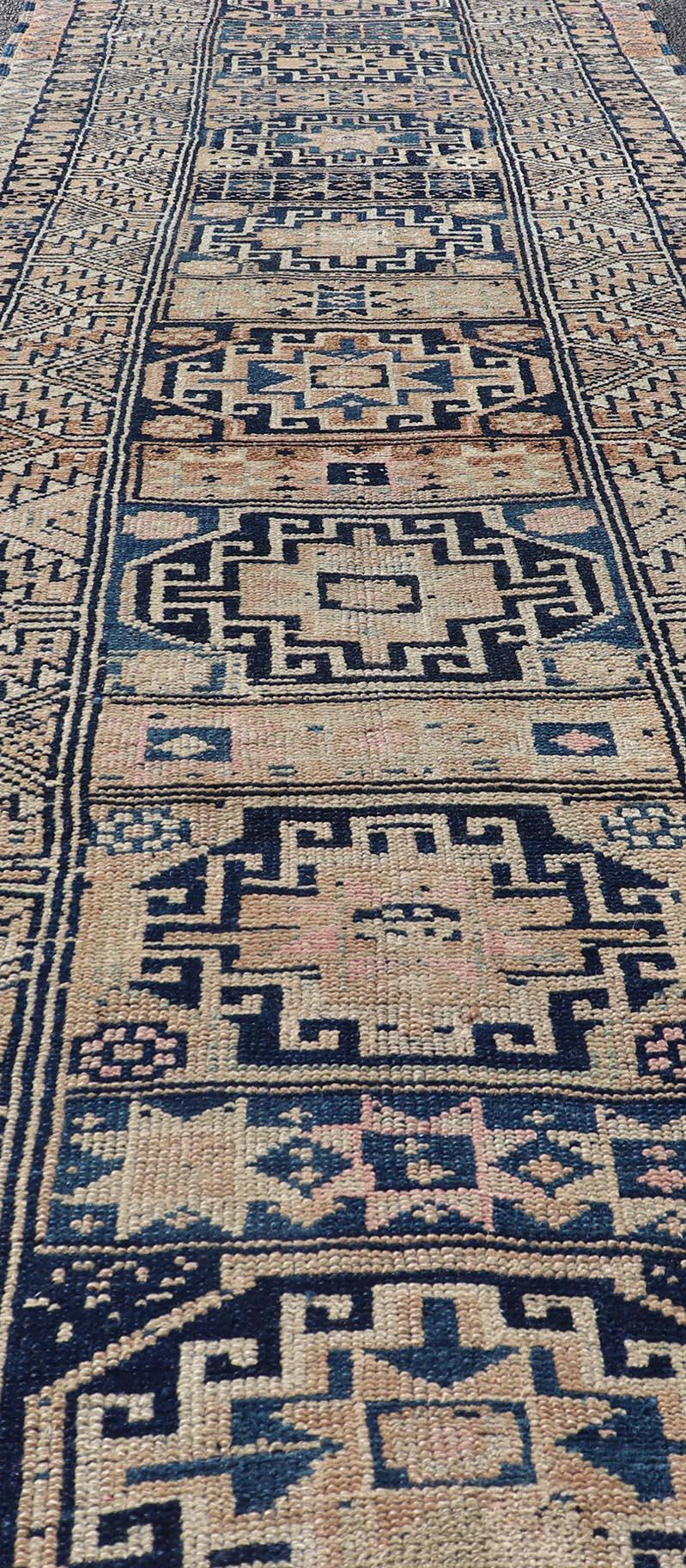 Vintage Oushak Turkish Runner with Geometric Design in Blues, Taupe, and Cream For Sale 4