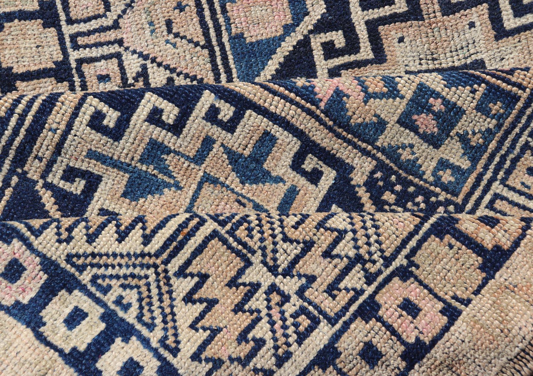 Vintage Oushak Turkish Runner with Geometric Design in Blues, Taupe, and Cream For Sale 5