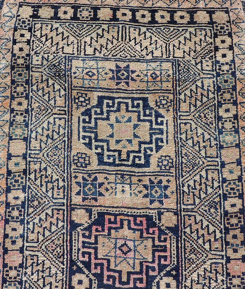 Hand-Knotted Vintage Oushak Turkish Runner with Geometric Design in Blues, Taupe, and Cream For Sale