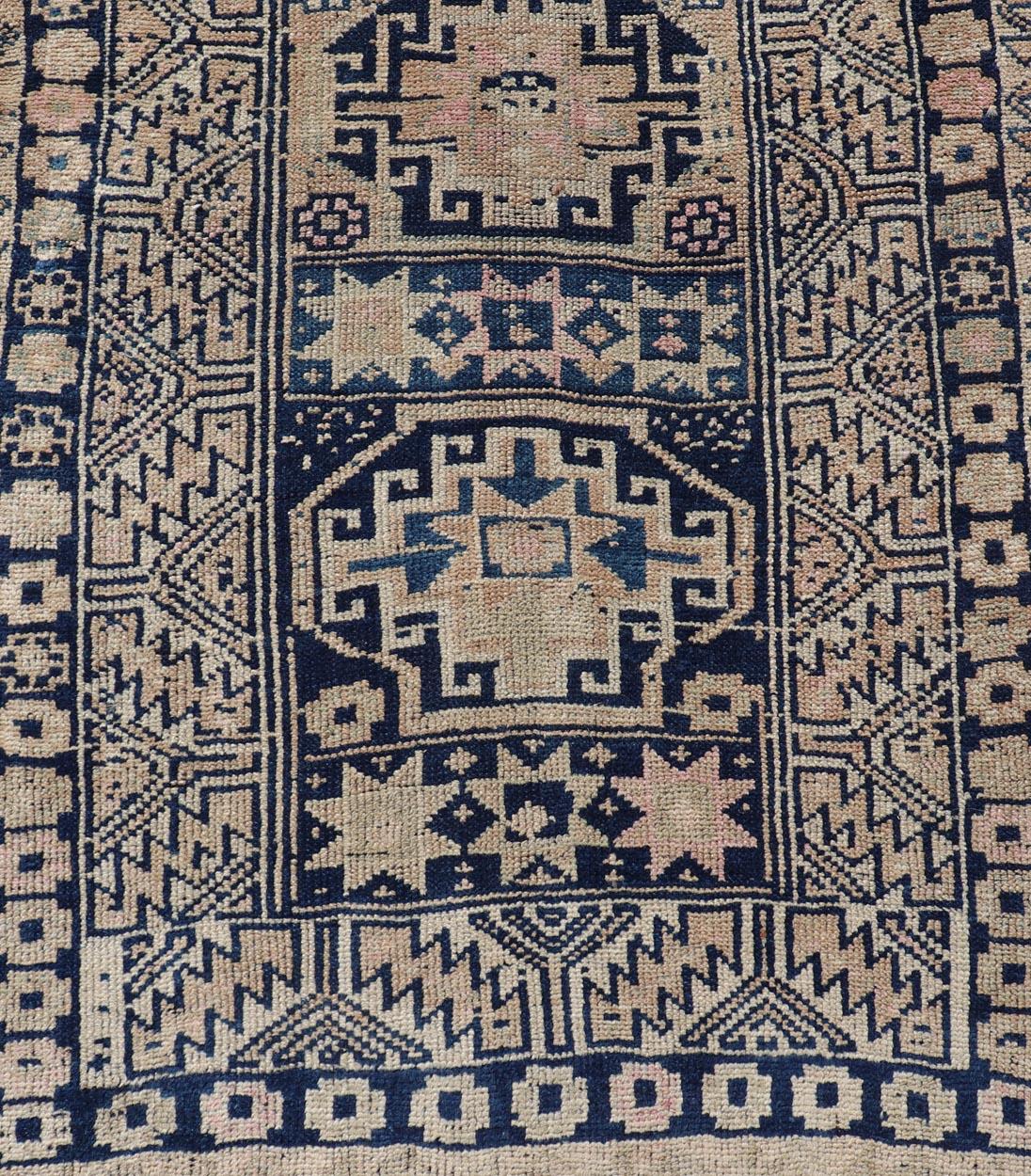 Vintage Oushak Turkish Runner with Geometric Design in Blues, Taupe, and Cream In Good Condition For Sale In Atlanta, GA