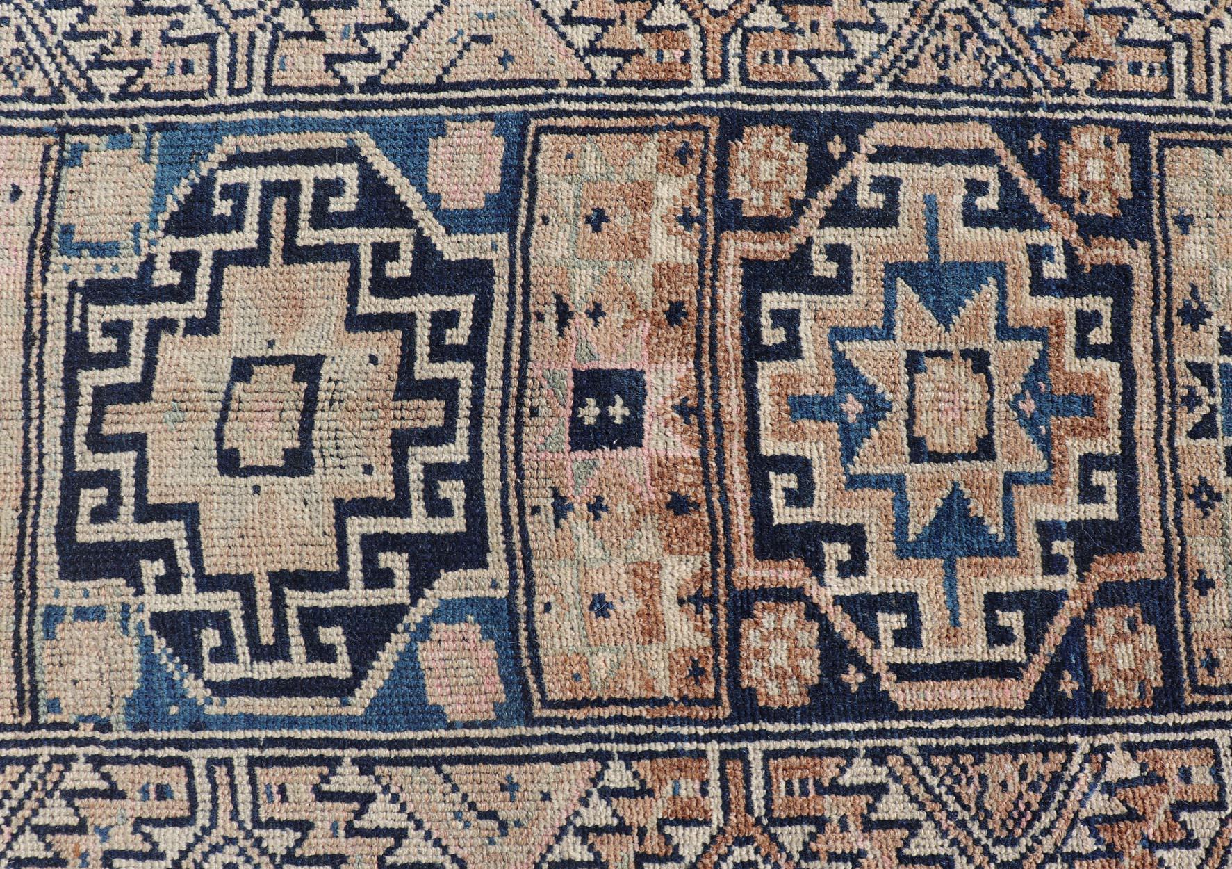 20th Century Vintage Oushak Turkish Runner with Geometric Design in Blues, Taupe, and Cream For Sale