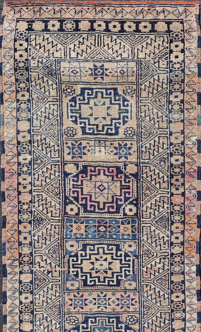 Wool Vintage Oushak Turkish Runner with Geometric Design in Blues, Taupe, and Cream For Sale