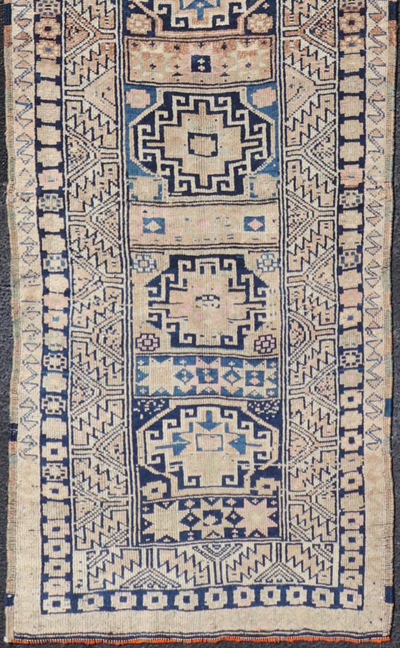 Vintage Oushak Turkish Runner with Geometric Design in Blues, Taupe, and Cream For Sale 2