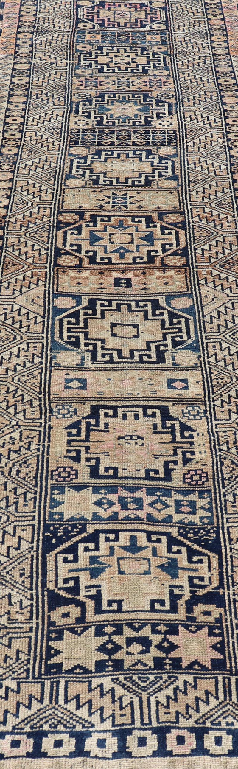 Vintage Oushak Turkish Runner with Geometric Design in Blues, Taupe, and Cream For Sale 3