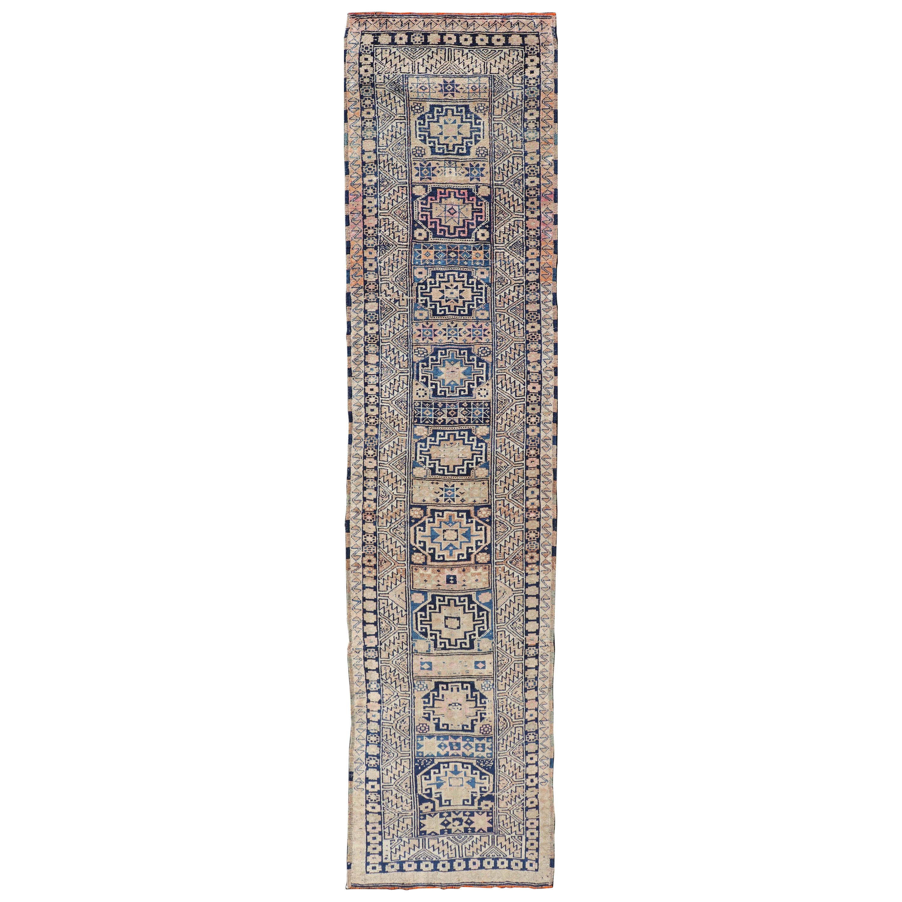 Tapis de couloir turc vintage Oushak à motif géométrique en bleu, taupe et crème