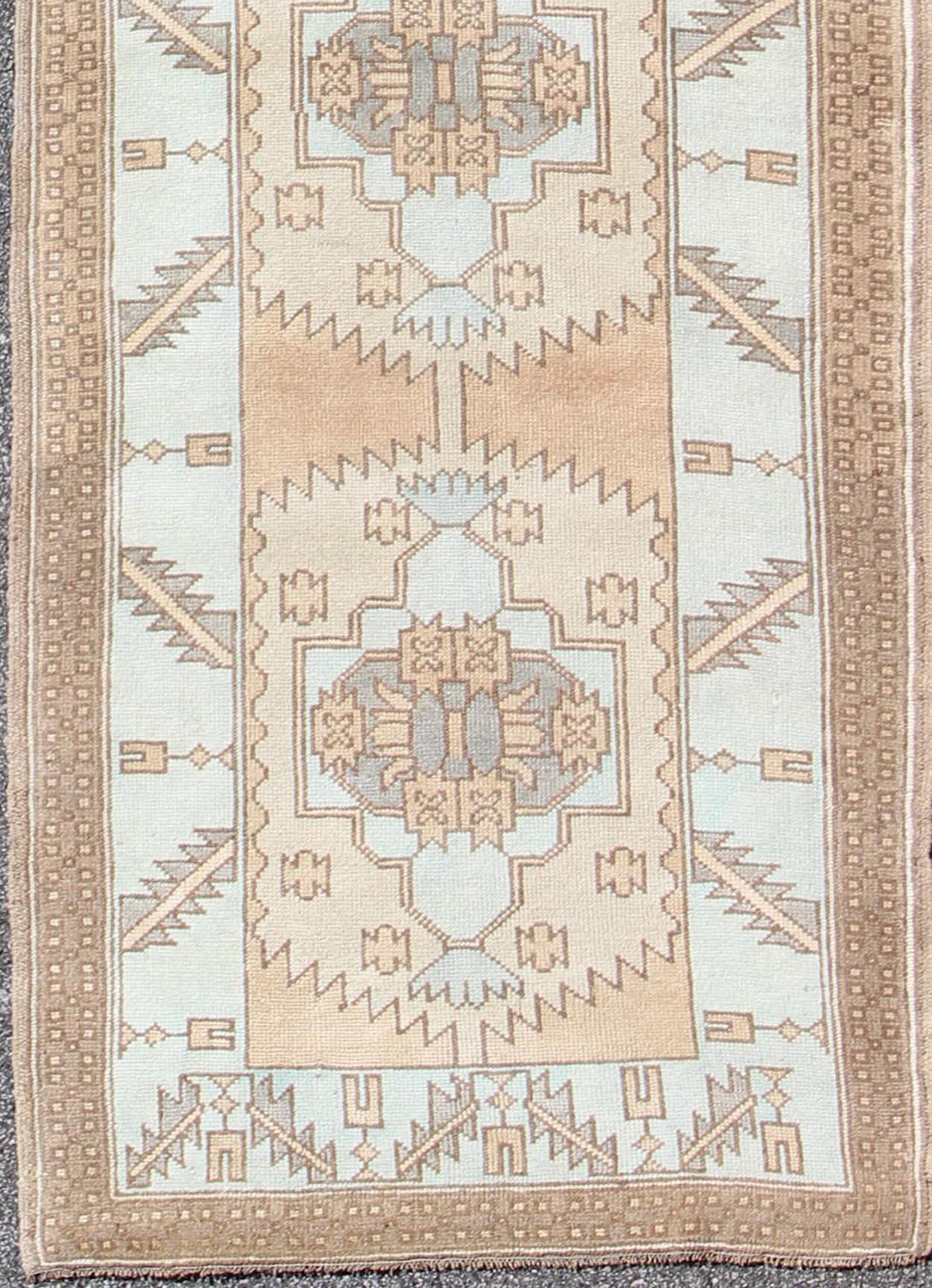 Hand-Knotted Vintage Oushak Turkish Runner with Geometric Design in Ice Blue, Brown and Taupe For Sale