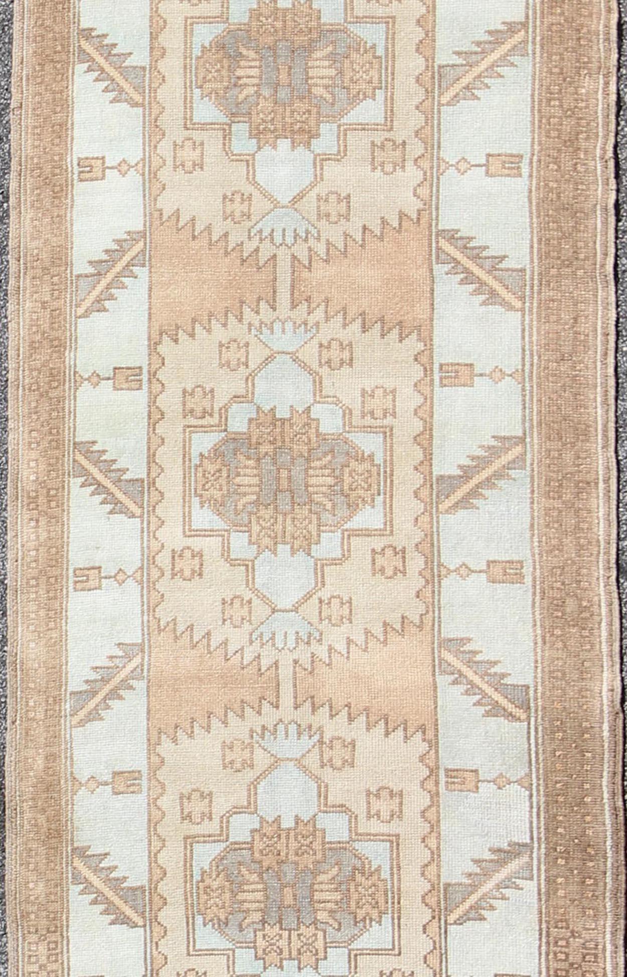 Vintage Oushak Turkish Runner with Geometric Design in Ice Blue, Brown and Taupe In Good Condition For Sale In Atlanta, GA