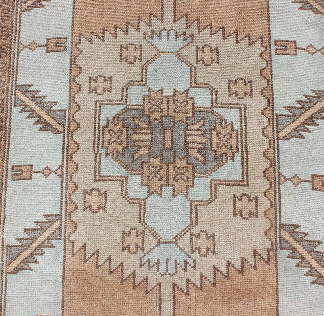 20th Century Vintage Oushak Turkish Runner with Geometric Design in Ice Blue, Brown and Taupe For Sale