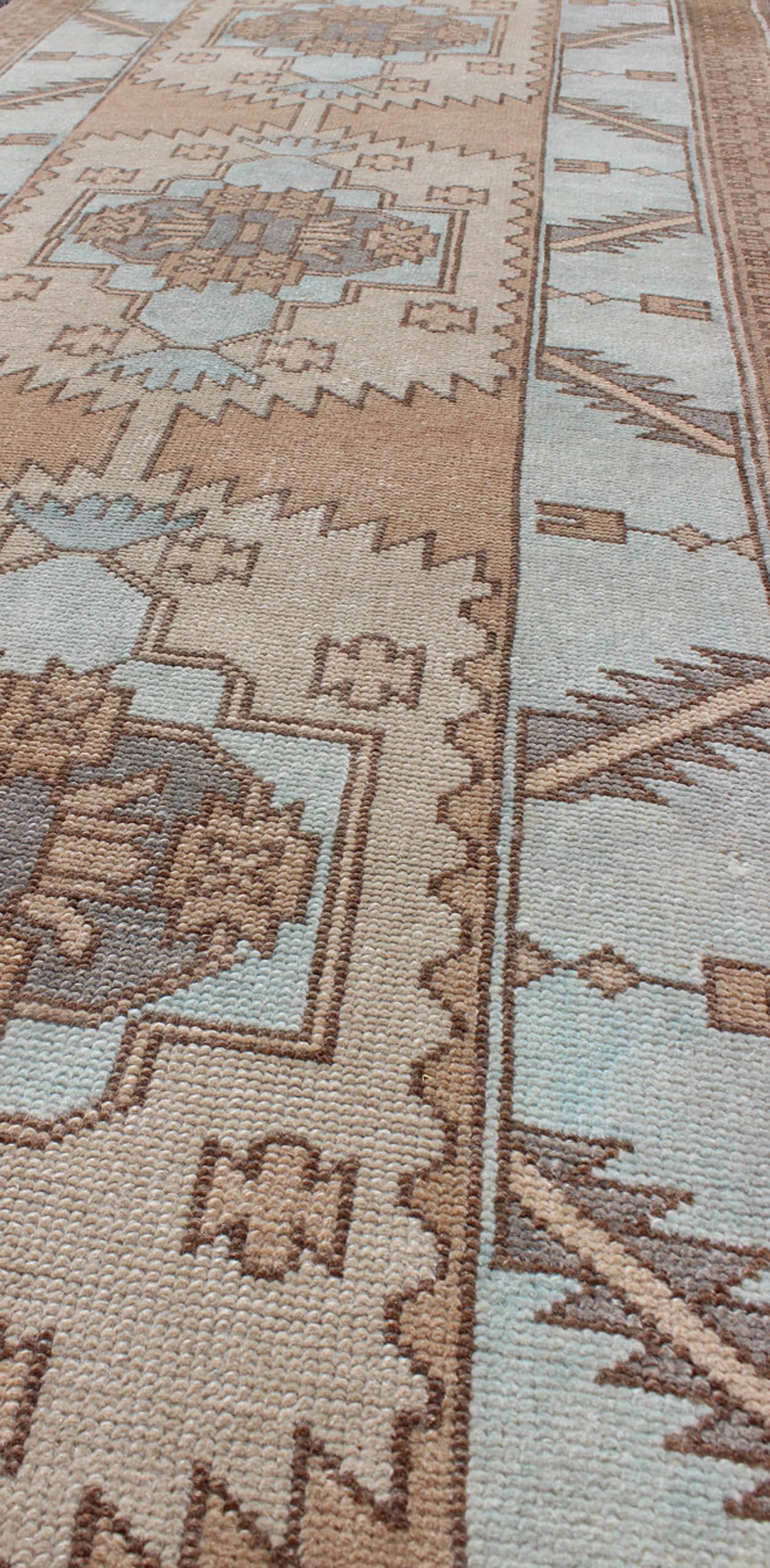 Wool Vintage Oushak Turkish Runner with Geometric Design in Ice Blue, Brown and Taupe For Sale