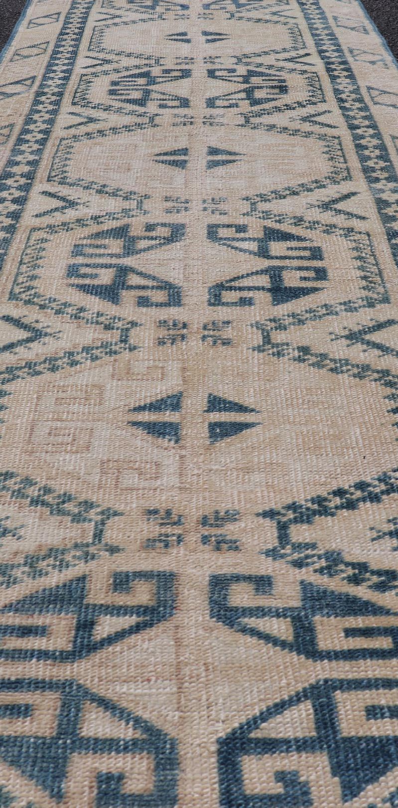 Vintage Oushak Turkish Runner with Geometric Design in Navy Blue For Sale 4