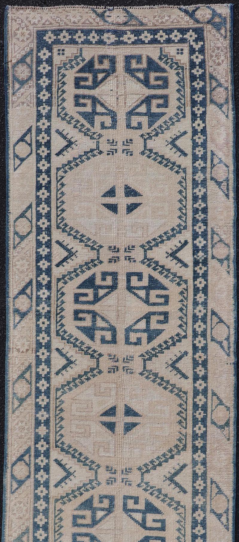 Hand-Knotted Vintage Oushak Turkish Runner with Geometric Design in Navy Blue For Sale