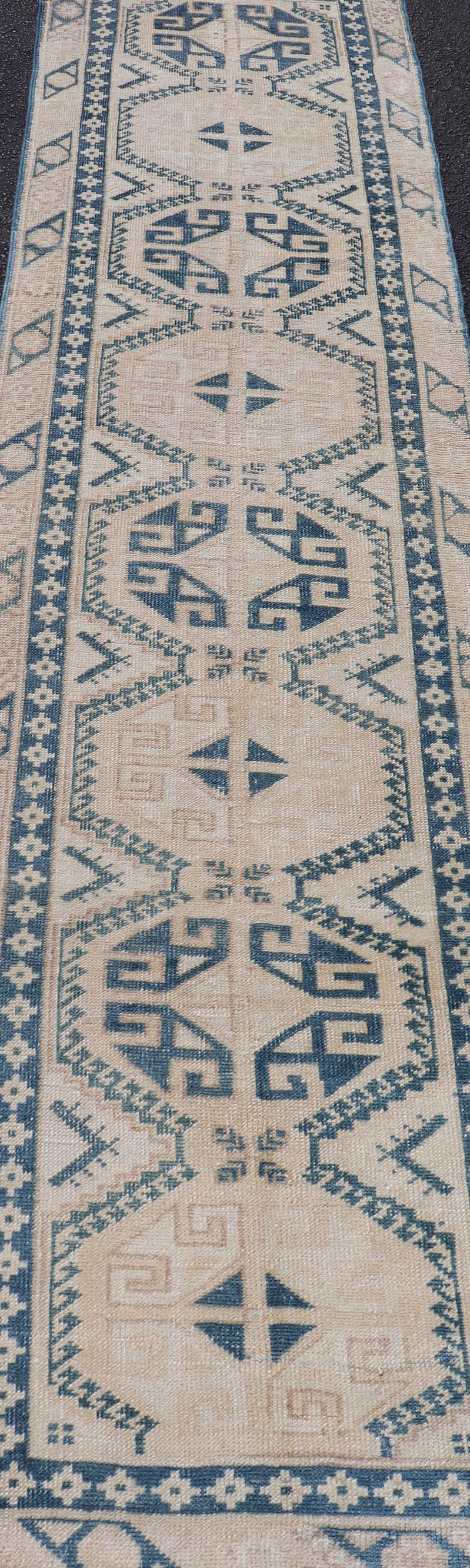 Vintage Oushak Turkish Runner with Geometric Design in Navy Blue For Sale 3