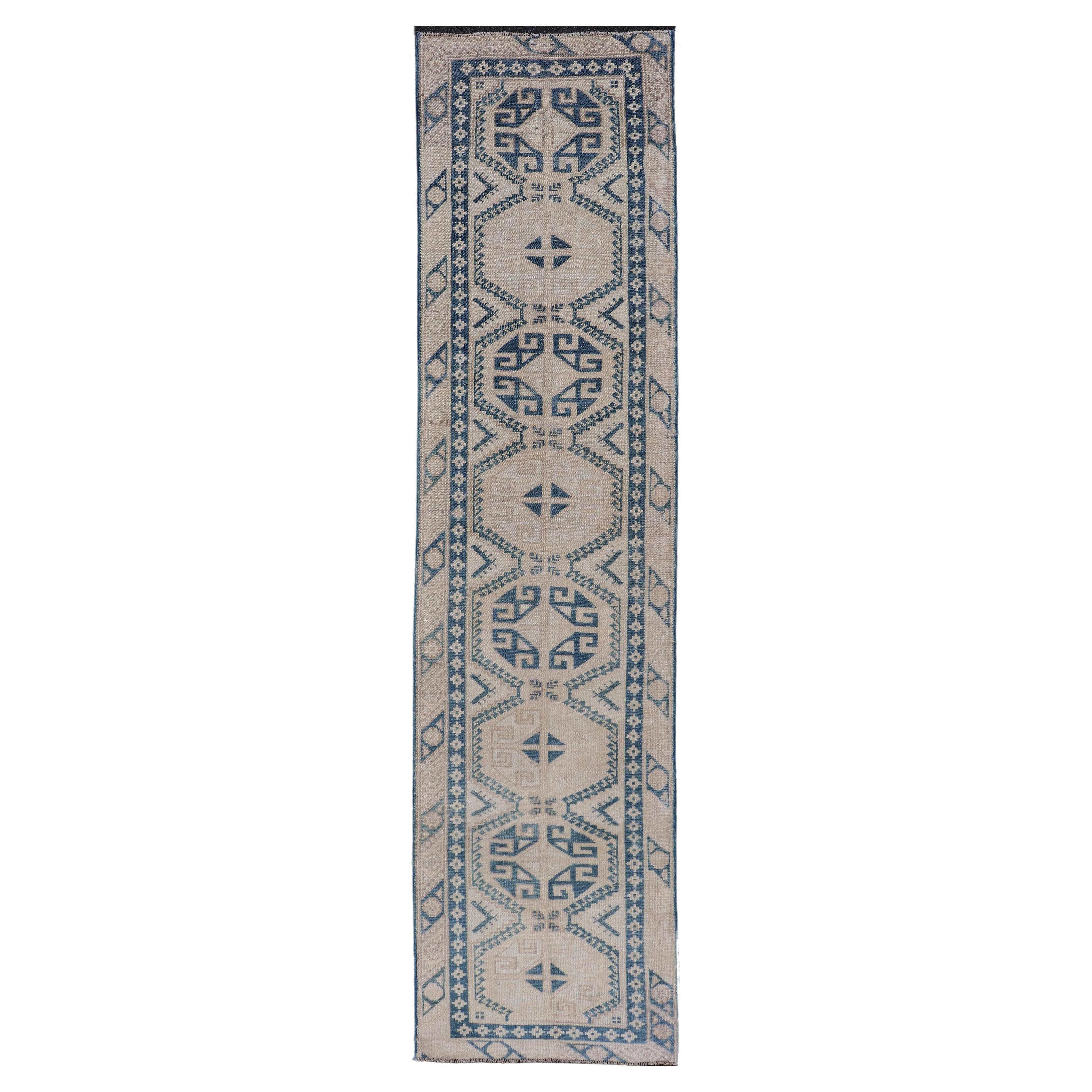 Vintage Oushak Turkish Runner with Geometric Design in Navy Blue For Sale