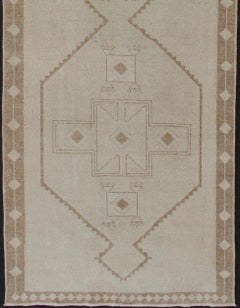 Vintage Oushak Turkish Runner with Geometric Medallions in Tan and Light Brown
