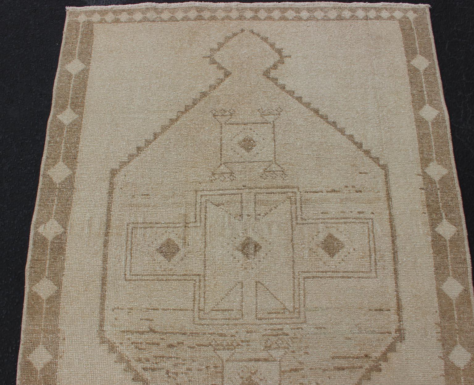 Wool Vintage Oushak Turkish Runner with Geometric Medallions in Tan and Light Brown For Sale