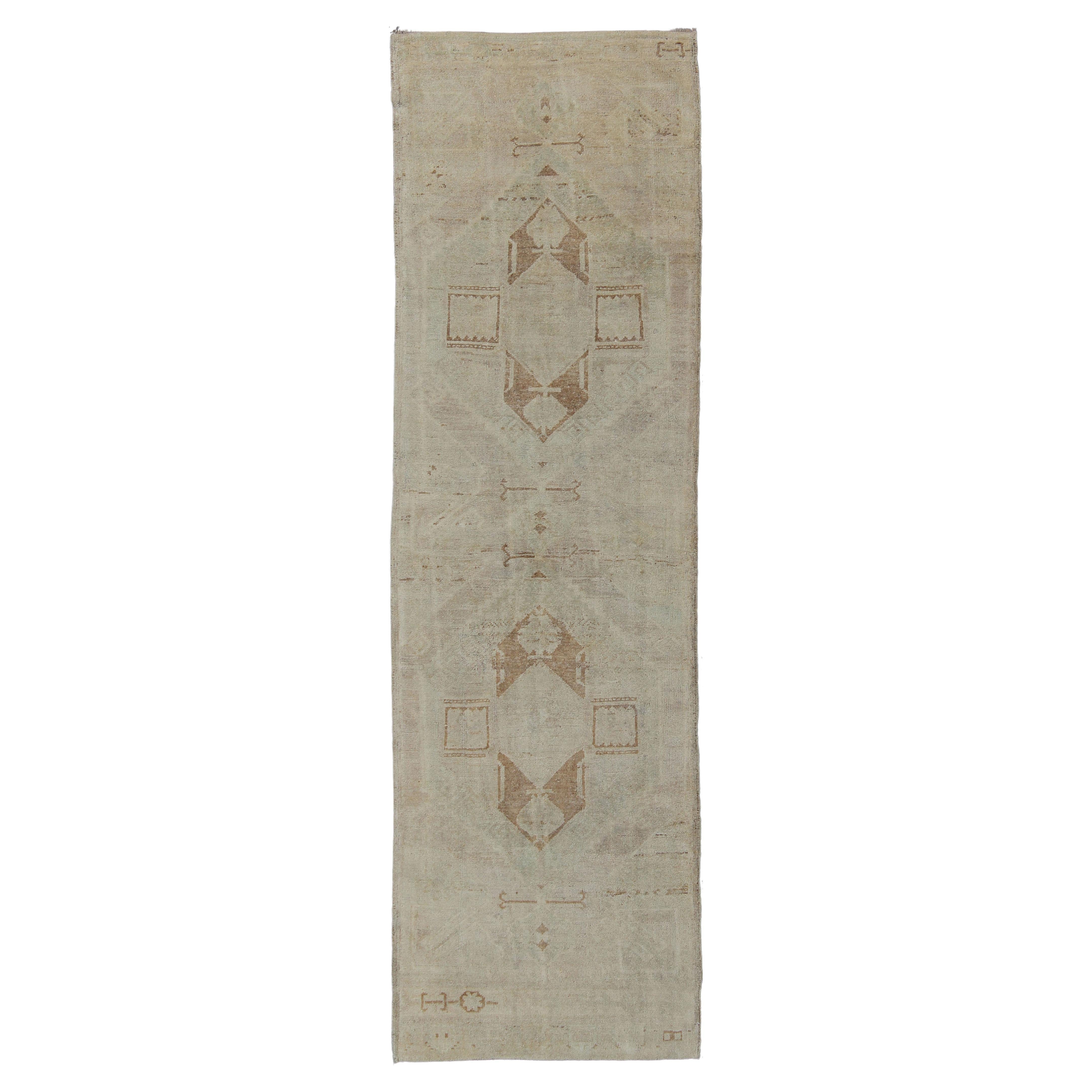 Vintage Oushak Turkish Runner with Ivory, Taupe and Light Brown and Faint Green For Sale