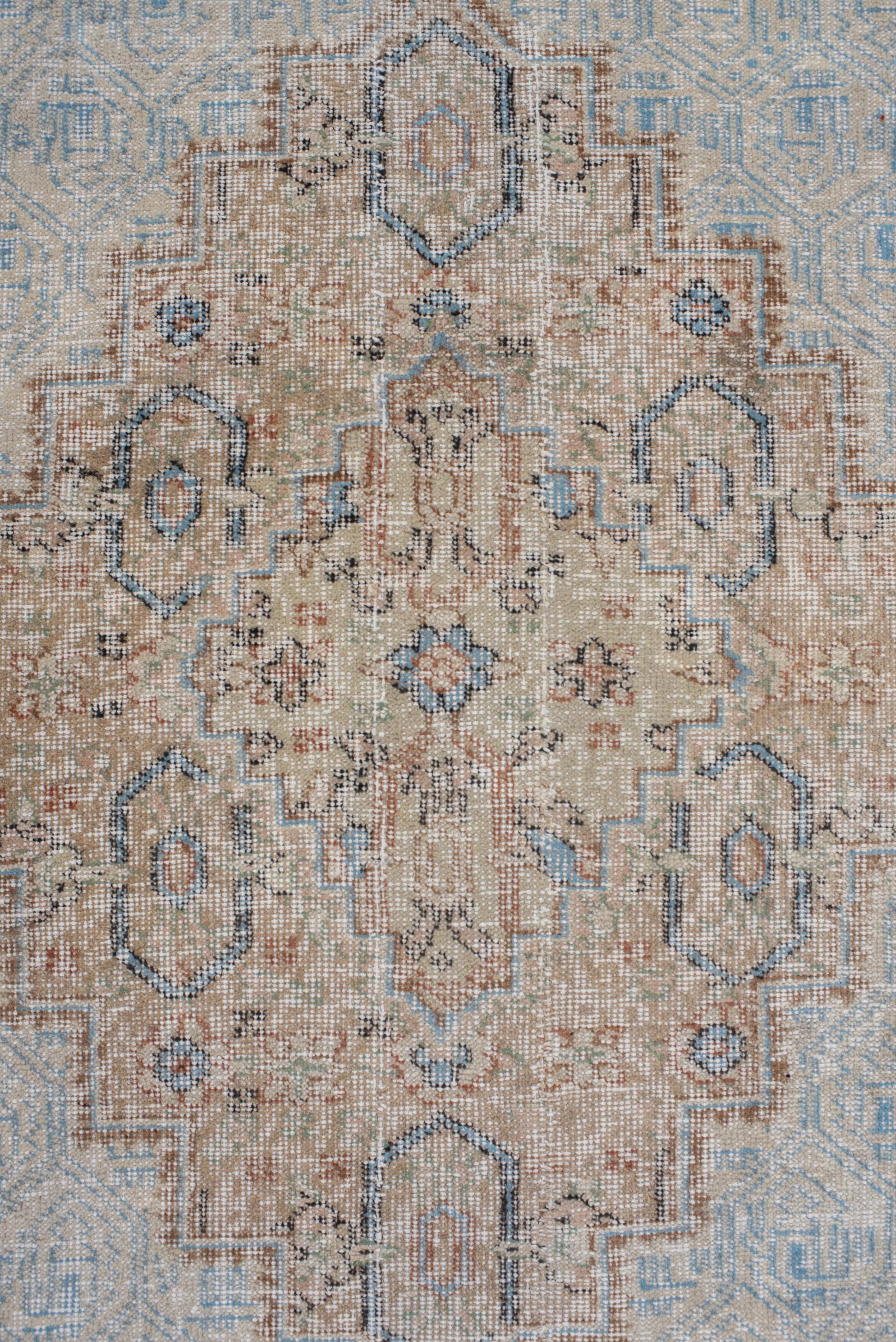 Hand-Knotted Vintage Oushak with Beige Field and Allover Lattice Pattern For Sale