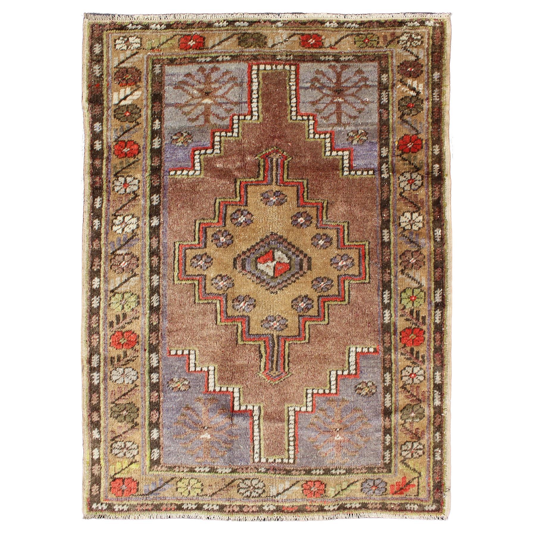 Vintage Oushak with Geometric Motifs Filled with Medallion For Sale