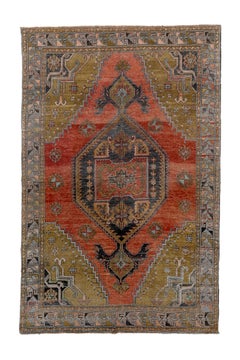 Vintage Oushak with Red Field and Center Medallion