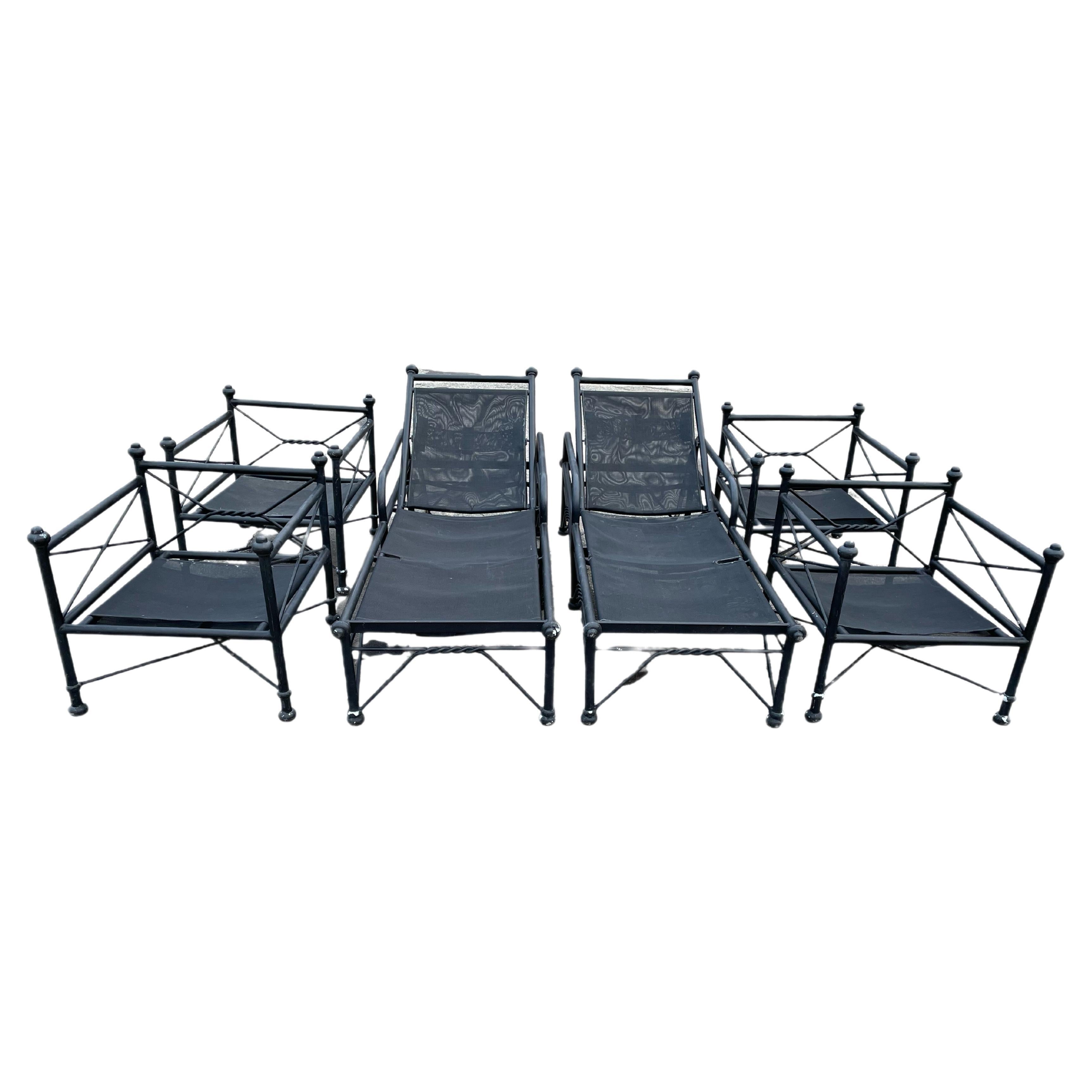 Vintage Outdoor Metal Patio Furniture -A Suite 

In the style of Giacometti 

4 Pool Deck Chairs
2 Pool Deck Chaise Lounge Chairs
48” Round Table

East to clean and quick drying mesh seating and back rests. Low profile. 

Perfect for any deck or