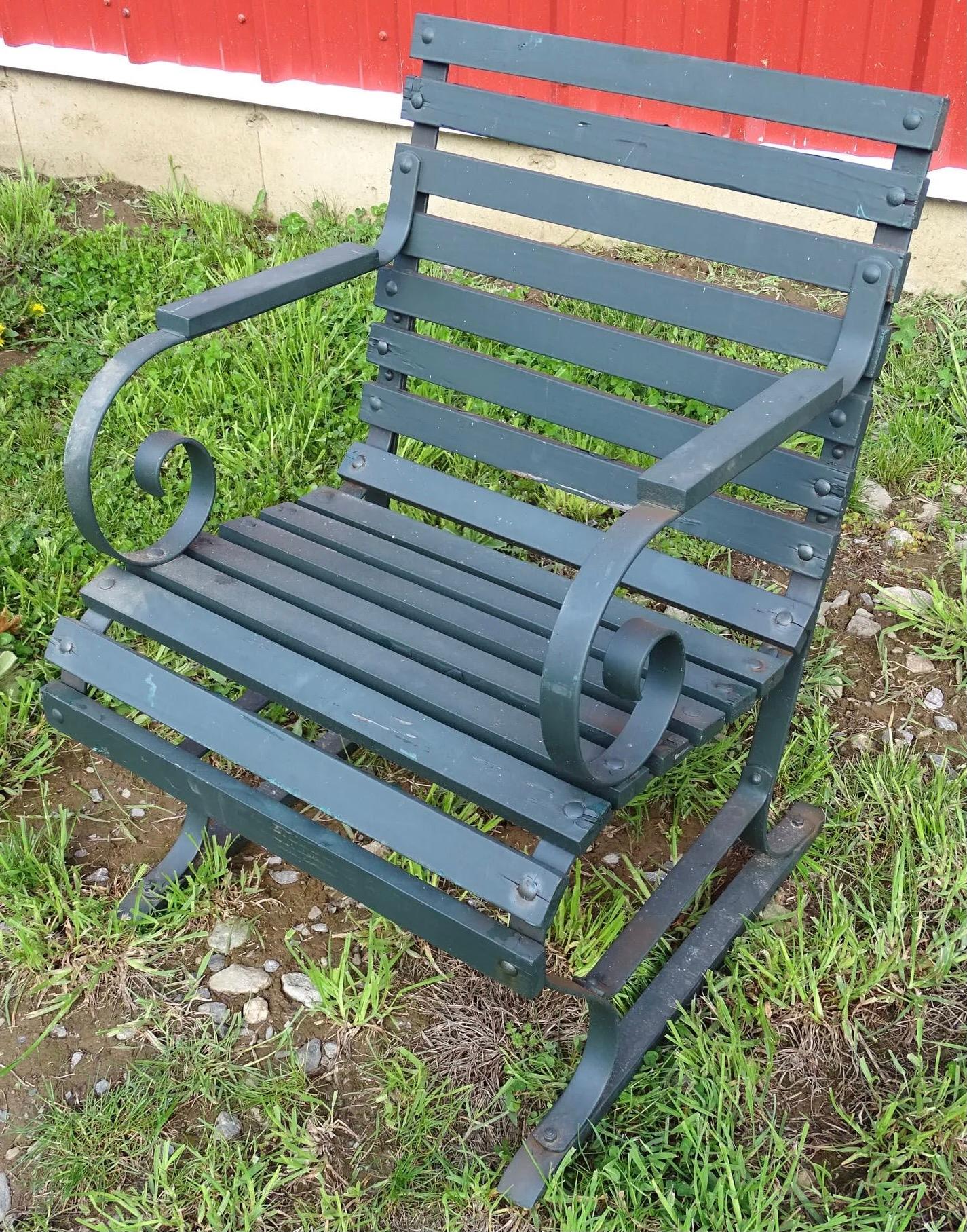 Wonderfully styled painted wood and metal garden, patio or porch lounge chairs. The low seat height makes them highly inviting for a gathering and conversation. These outdoor wood and metal garden chairs have generously wide proportions. Chairs are