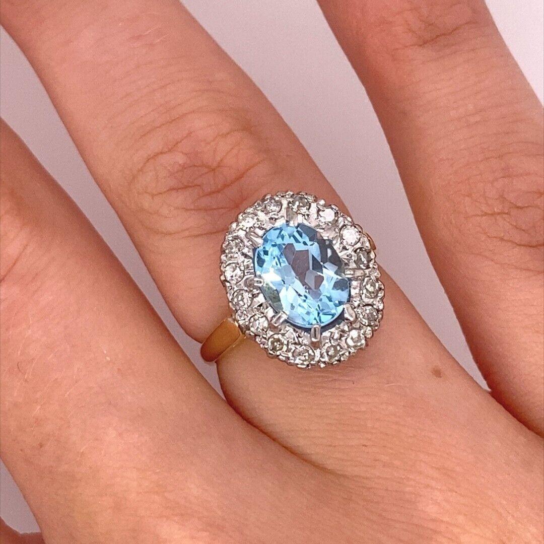 Vintage Oval 2.0ct Blue Topaz Coronet Cluster Ring in 18ct Yellow and White Gold For Sale 1