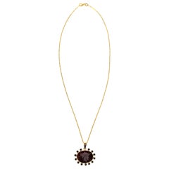Vintage Oval Agate Intaglio and Black Diamond Surround Pendant Necklace