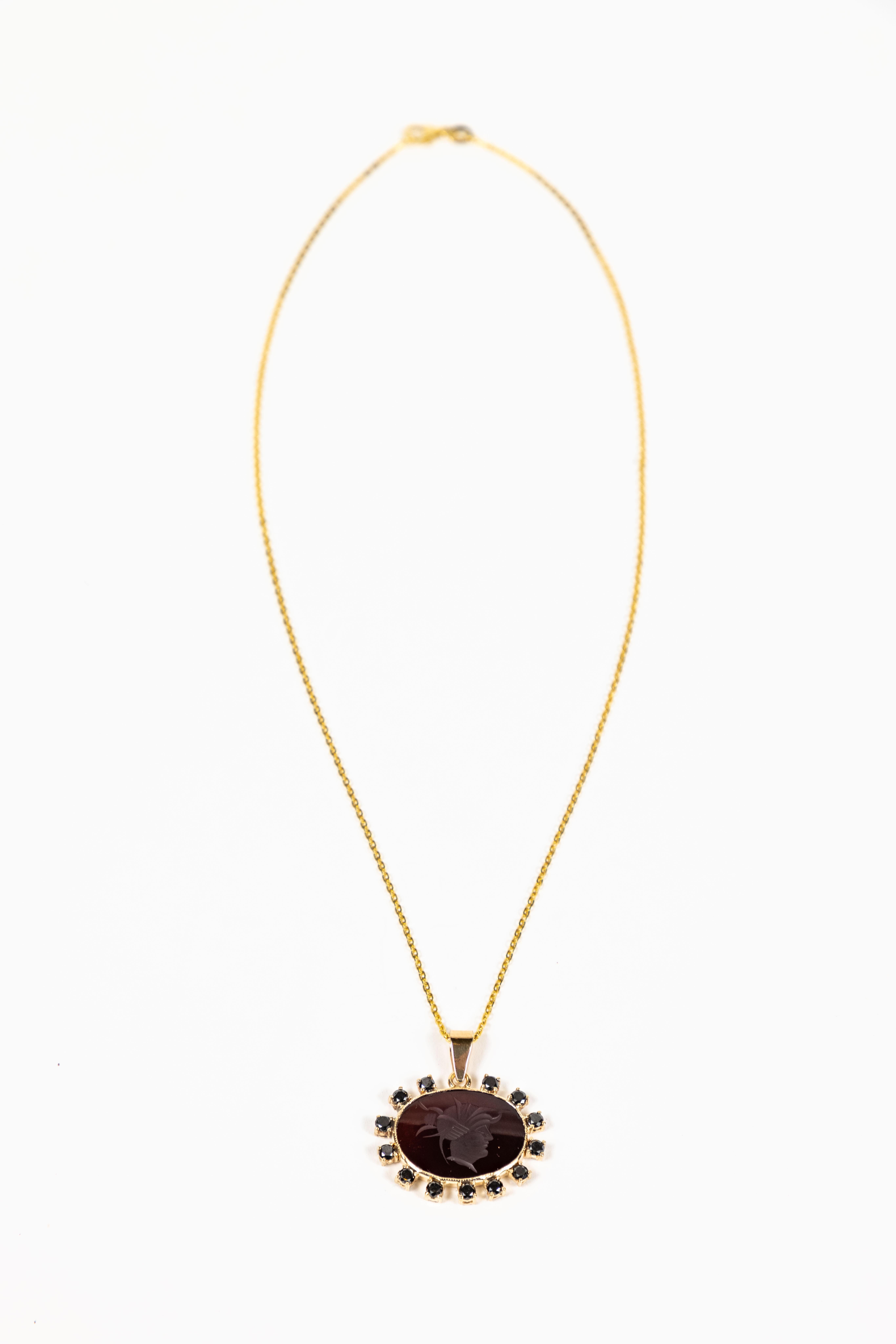 Round Cut Vintage Oval Agate Intaglio and Black Diamond Surround Pendant Necklace For Sale