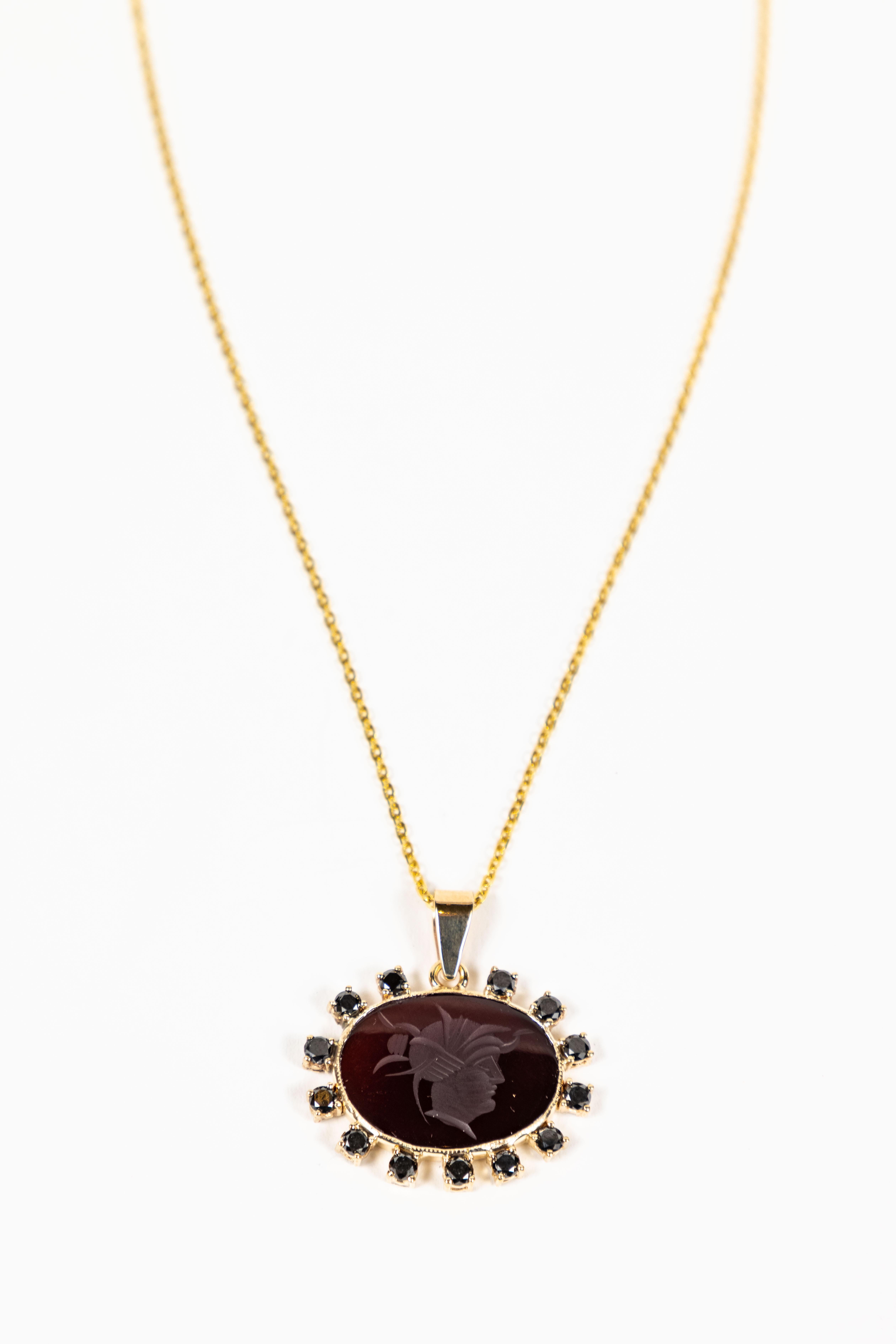 Vintage Oval Agate Intaglio and Black Diamond Surround Pendant Necklace In Excellent Condition For Sale In Pasadena, CA