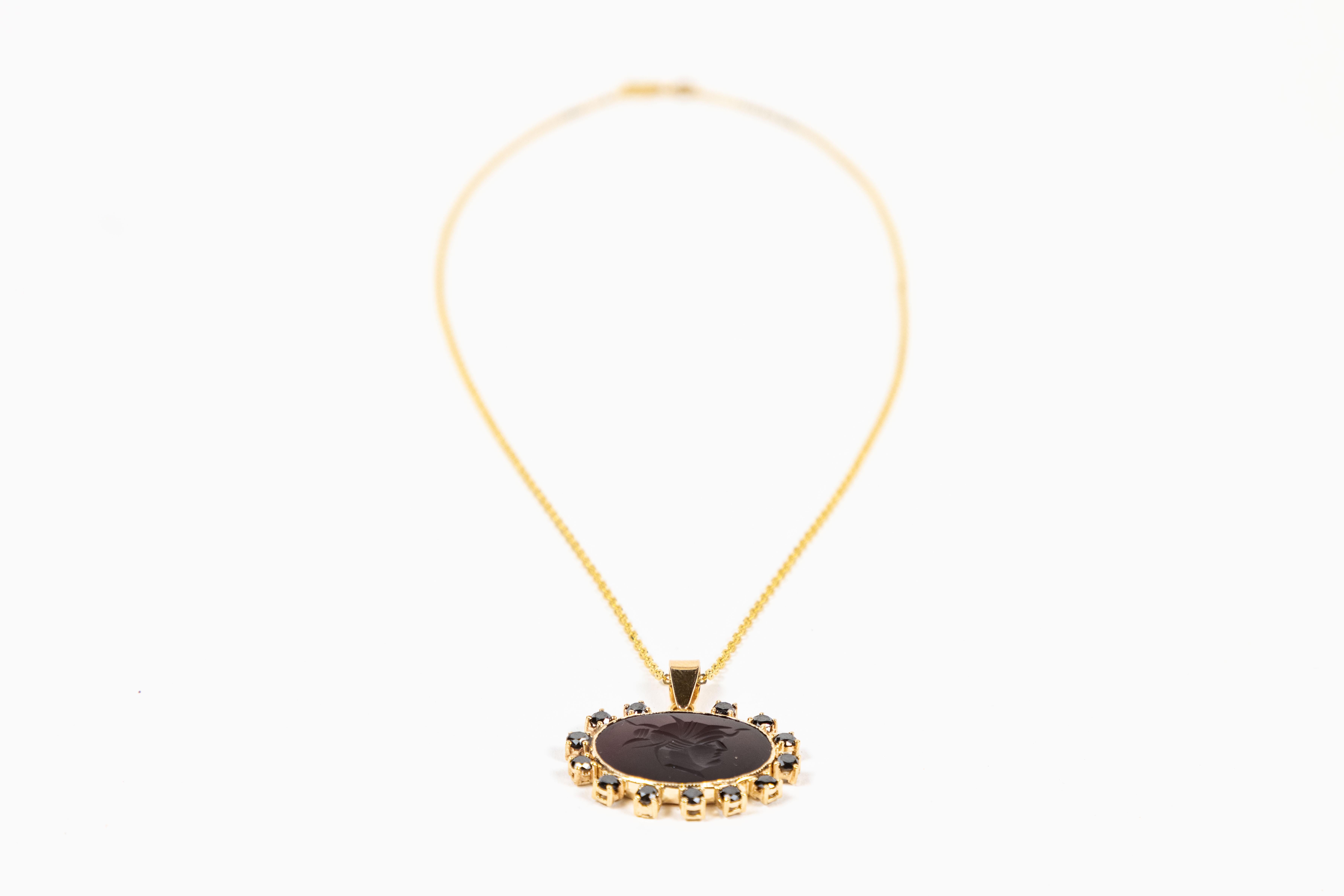 Vintage Oval Agate Intaglio and Black Diamond Surround Pendant Necklace For Sale 2